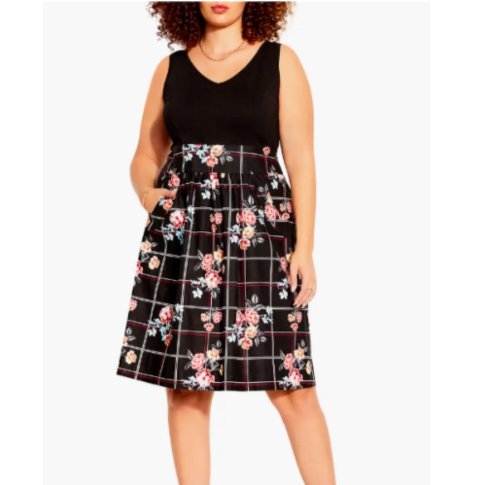 NEW City Chic picnic love dress Black Floral Grid Sleeveless Women's Dress SZ 20